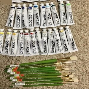 New Golden Acrylic Heavy Body Paint Lot of 22 + 10 Level 3 Acrylic Paintbrushes